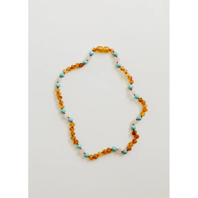Raw Honey Baltic Amber and Natural Turquoise + Rose Quartz || Necklace